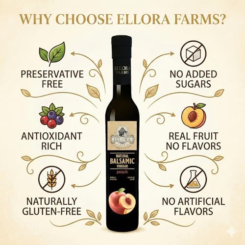 Ellora Farms, Peach Infused Balsamic Vinegar, Great Taste Award, thick and creamy, no-added sugars, no-preservatives, 8.45 oz. bottle, (Peach)