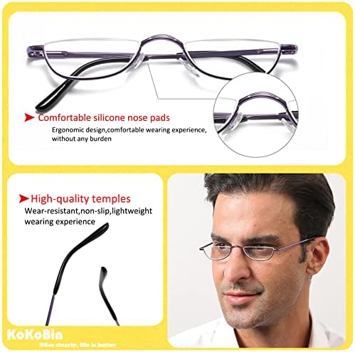 KoKoBin Half Reading Glasses,4 Pack Half Rim Metal Frame Glasses Spring Hinge Readers with Leather Pouch for Men and Women (Purple,2.50)