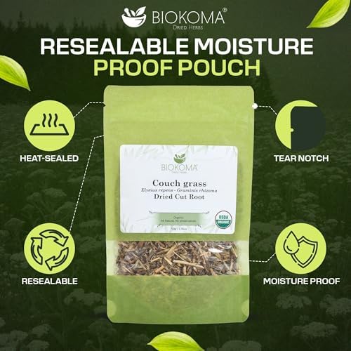 Biokoma Organic Couch Grass Dried Cut Root 1.76oz USDA Organic Herbal Tea Elymus Repens Rhizome Loose Herb Urinary Kidney Bladder Support Resealable Pouch No Additives No Preservatives Non GMO Kosher
