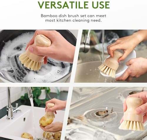 4 Pack Bamboo Dish Brush, Dish Scrubber Brush with Sisal Bristle, Natural Scrub Brush for Kitchen Cleaning Dishes, Pots, Pans, Bottles, Vegetables