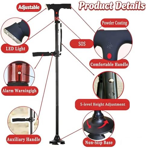 2026 New Smart Walking Cane for Men Women, 3-in-1 Upgrade Smart Walking Canes with Light and Alarm, Foldable Dual Handles, Adjustable Canes for Elderly,Seniors Veterans & Parents