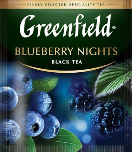 Greenfield Blueberry Nights Black Tea – 25 Individually Wrapped Foil Sachets – Premium Fruit & Herbal Tea Blend with Natural Blueberry Flavor – Rich & Aromatic Brew