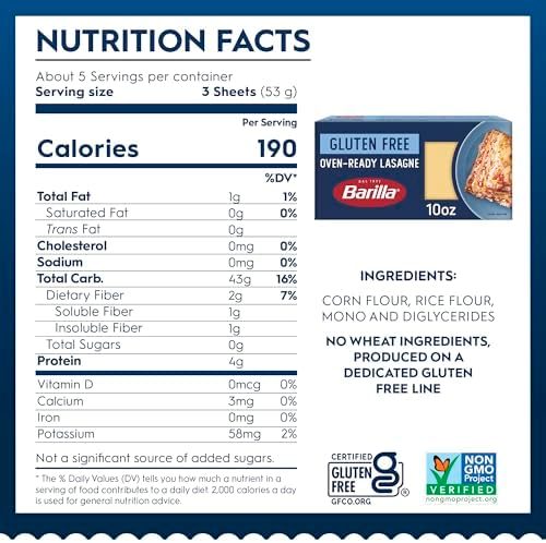 Barilla Gluten Free Oven-Ready Lasagne, 10 Ounce (Pack of 12) - Non-GMO Gluten Free Pasta Made with Blend of Corn & Rice