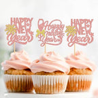 24 Pcs Happy New Year Cupcake Toppers Welcome 2026 Picks Fireworks Goblet Cupcake Toppers for Congratulations 2026 Happy New Year Eve Holiday Theme Holiday Party Decoration rose gold