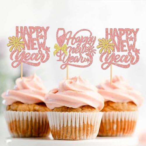 24 Pcs Happy New Year Cupcake Toppers Welcome 2026 Picks Fireworks Goblet Cupcake Toppers for Congratulations 2026 Happy New Year Eve Holiday Theme Holiday Party Decoration rose gold