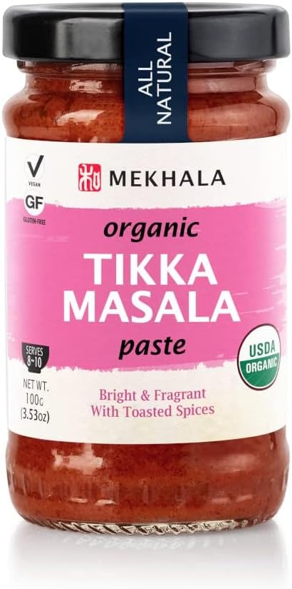 Mekhala Organic Tikka Masala Indian Cooking Paste. Versatile sauce, marinade, cooking paste. Medium spice ORGANIC VEGAN GLUTEN-FREE NO ADDED SUGAR 3.53oz