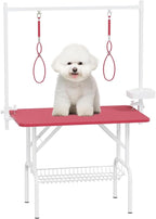 Majnesvon 36 Inch Foldable Pet Grooming Table with Adjustable H-Frame Arm, Storage Tray, 2 Nooses (Pink)