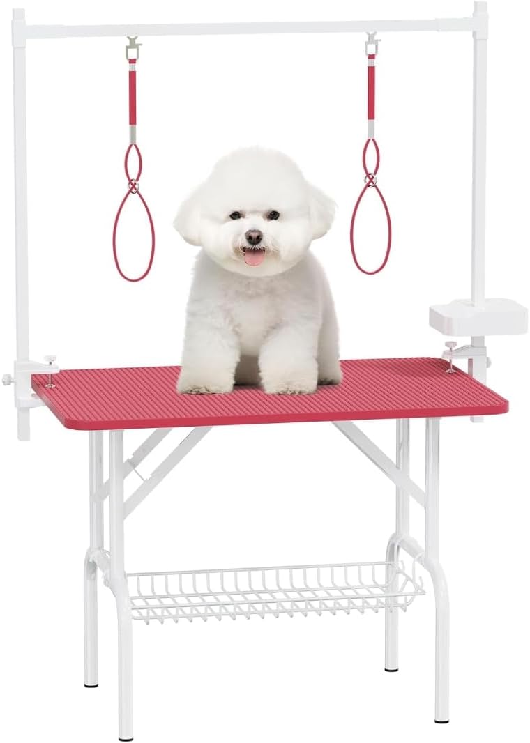 Majnesvon 36 Inch Foldable Pet Grooming Table with Adjustable H-Frame Arm, Storage Tray, 2 Nooses (Pink)