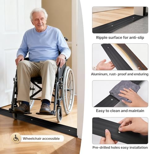 Aluminum Door Threshold - 48" L x 3" W Exterior Floor Transition Strip with Pre Drilled Holes and Expansion Screws, Non-Slip Fluted Saddle Flat Profile Threshold, Prevent Dust & Airflow, Black