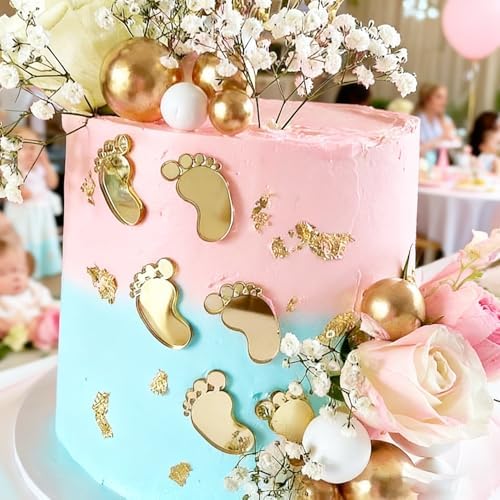 3 Pairs Baby Feet Cake Decoration, Gold Acrylic Welcome Baby Feet Cake Topper for Baby Shower Gender Reveal Birthday Party Supplies