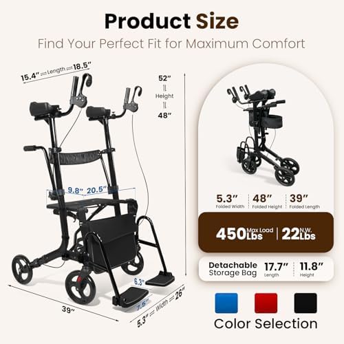 Upright Walkers for Seniors 450 lbs Capacity, 22 lbs Foldable Lightweight Walkers for Seniors with Seat, Armrest and Pedal, Height Adjustable Rollator Walker with Seat for Travel & Gift (Black)