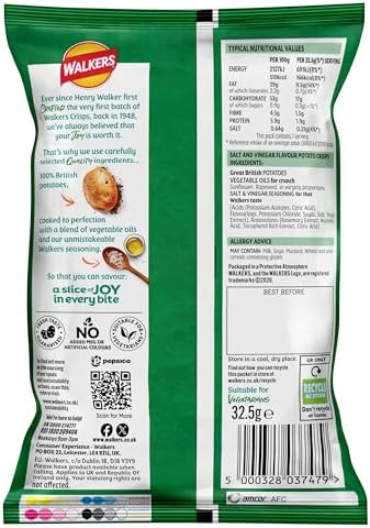 Walkers Salt and Vinegar Crisps, 32.5 g (Case of 32)