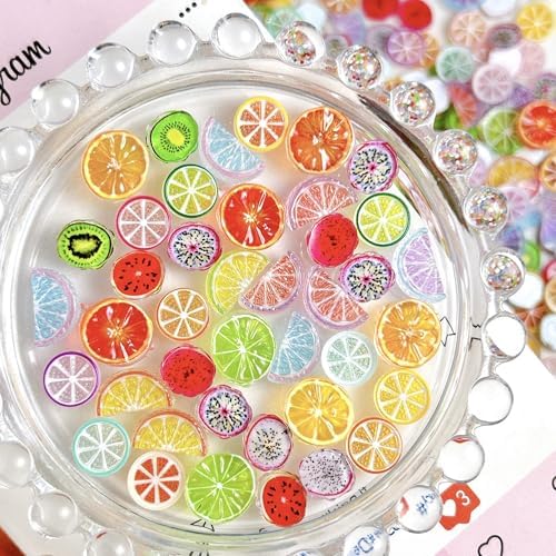 50Pcs Fruit Slices Nail Art Charms 3D Resin Flatback Design Nails Accessories with Simulated Oranges Kiwis Lemons Nail Jewelry Spring Summer Nails Art Supplies for Women DIY Manicure Gel Nails Decor