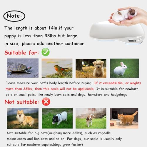 Small Animals Digital Pet Scale for Dogs Cats, Portable Electronic Kitchen Food Weighing Scales Max 33 lbs, LCD Scale with Tray, for Food, Puppy, Kitten, Lizard, Hamster, Tortoise, Helping