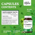 Wild & Organic Cilantro Capsules 800 mg - Detox Support - Cilantro Extract Supplement - Coriandrum Sativum Leaf Powder - Vegan, No Fillers, Non-GMO - 60 Count