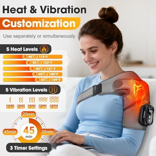 Cordless Shoulder Heating Pad with Massage, Shoulder Massager Heated Shoulder Wrap, Detachable Magnetic Controller Heated ShoulderBrace with 5 Heats and Vibration Modes (Grey)