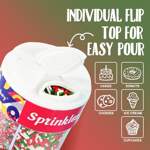 Christmas Sprinkles Mix 4 Cell Holiday Assortment 6.5 oz Edible Red Green White Jimmies, Nonpareils, Christmas Tree Confetti & Sanding Sugar for Cakes Decorating Xmas Cookies, Cupcakes & Holiday Desserts