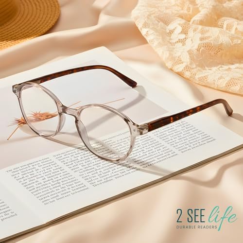 2SeeLife Small Round Reading Glasses for Men & Women – Narrow-Medium Fit, Sturdy Frame, Spring Hinges, Premium Retro Readers, Clear Tortoise, +1.00