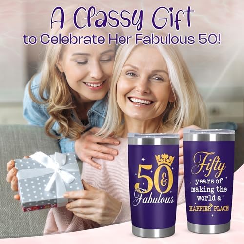 50th Birthday Gifts for Her - 20oz Stainless Steel Insulated Tumbler with Lid - 1976 Birthday Gifts for Women Mom Wife Coworker Friend Sister, 50 and Fabulous Tumblers for Women, 50th Birthdays