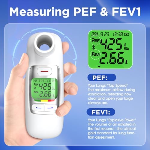 Peak Flow Meter with Bluetooth APP Spirometer for Asthma Monitor Tests PEF FEV1 Home Medical for Kids Adults with 300 Records Storage Function
