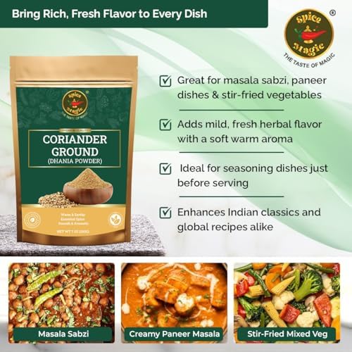 Spice Magic Coriander Powder 7oz — Ground Coriander, 100% Pure Dhania Powder, Non-GMO Indian Spice for Cooking | Curries, Spice Blends, Marinades, Seasoning | Vegan, Gluten-Free, No Additives