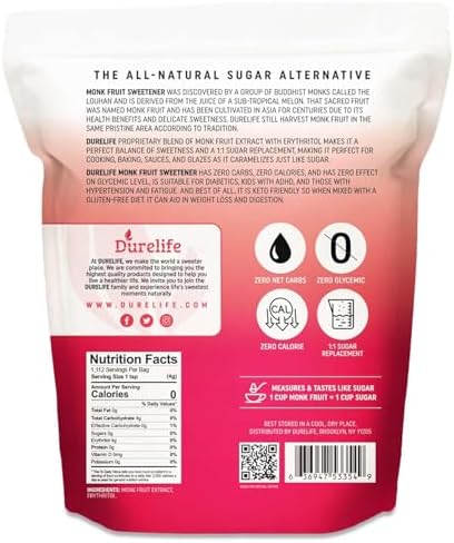 Durelife Golden Monk Fruit Sweetener, 1:1 Sugar Replacement, Keto Diet Friendly, Zero Calorie, Kosher Sugar Substitute Crystal, Golden - 5 lb Bulk Size (Packaging May Vary)