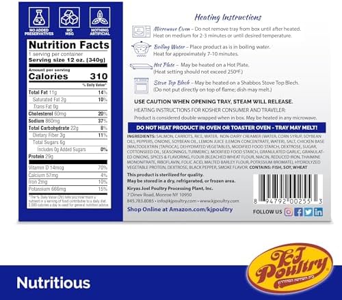 KJ Poultry Kosher Ready Meals - Salmon Fillet Fish, Parve MRE Meal Ready to Eat, Protein Food, Halal, (12 Pack) Prepared Entree Fully Cooked, Shelf Stable Microwave Dinner, Travel, Military, Camping