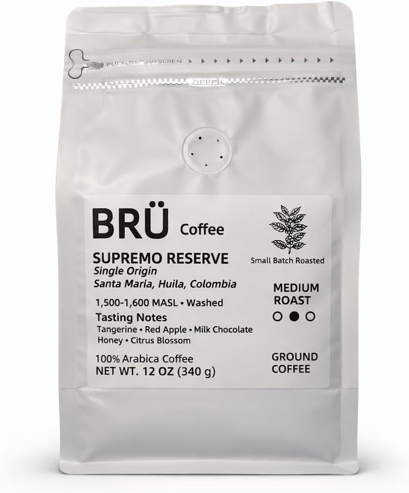 BRÜ Coffee Colombian Ground Coffee - Medium Roast - Single Origin - Huila High Elevation - 100% Arabica - Washed