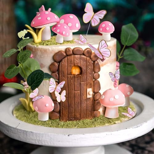 JeVenis Fairy Cake Toppers Fairy Cake Decoration Pink Mushroom Door Butterfly Flowers Cake Decoration Fairy Garden Topper for Fairy Party Supplies Fairy Party Favors