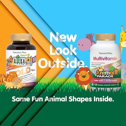 NaturesPlus Animal Parade Gold Children's Multivitamin - 120 Animal-Shaped Chewable Tablets - Assorted Cherry, Orange & Grape Flavors - Vegan, Gluten Free - 60 Total Servings