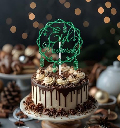 Eid Mubarak Cake Topper, Hajj Mubarak Decor, Muslim Islam Festival Anniversiry Party Decorations, Happy Ramadan Moon Star Eid Decoration Supplies Green Glitter