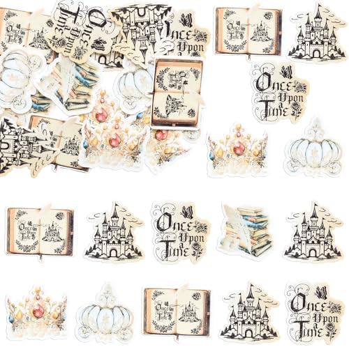 Ephlyn 54Pcs Edible Once Upon A Time Birthday Cupcake Toppers Wafer Paper Fairytale Book Party Castle Opening Magic Book Cupcake Picks for Princess Party Cake Decoration Supplies Gold