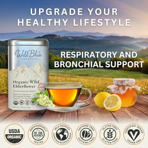 Wild Bliss Organic Elderflower Herbal Tea - Caffeine Free Elder Flowers Tisane - Pharmacopoeia Potency - 20 Plant Based Tea Bags