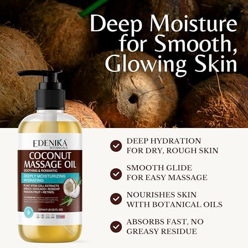 Edenika Botanicals Tropical Coconut Massage Oil for Massage Therapy, Soothing Massage Oil with Coconut & Passion Fruit Oil for Muscle Relaxing, Skin Moisturizing & Hydrating, 8 fl oz
