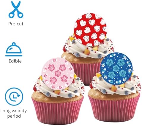 15pcs Edible Round Cupcake Toppers, 2in/5cm Pre-Cut Wafer Paper Hawaiian Cupcake Decorations Hibiscus & Leaf Birthday Cartoon Theme Decor Supplies for Hawaii Party (3 Styles)