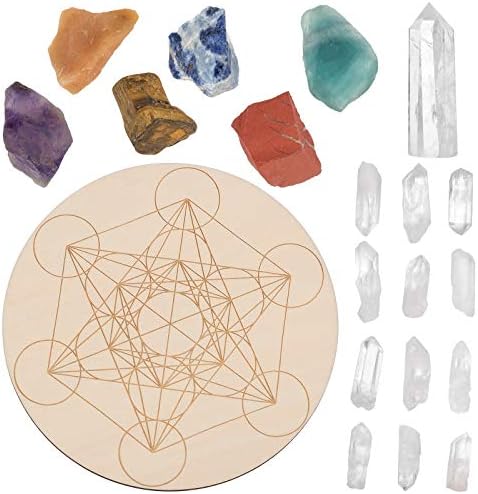 Amogeeli Metatron's Cube Sacred Geometry Wooden Crystal Grid Set with Chakra Stone, Wicca Yoga Meditation Decor