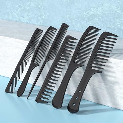 Kolavia 6 PCS Hair Comb Set Black, Durable Wide and Fine Tooth Rat Tail Hair Barber Comb for Women & Man, Professional Combs for Wet Curly Natural Hair Detangling Parting Teasing Styling & Cutting