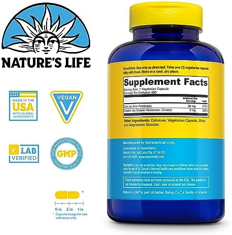 Nature's Life Zinc Picolinate 30mg Plus 2mg of Copper - Chelated Zinc Supplement for Immune, Cardiovascular, Skin, Cellular Function, and Muscle Support - 60-Day Guarantee - 250 Servings, 250 Capsules