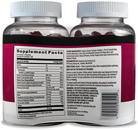 Amazon Basics Adult Multivitamin Gummies, Mixed Berry & Cherry Flavors, 150 Count, 75-Day Supply, Pack of 2 (Previously Solimo)