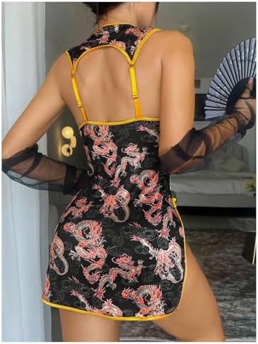 WDIRARA Women's Dragon Print Cut Out Cheongsam Lingerie Dress Slit Open Back Qipao Costume Outfits
