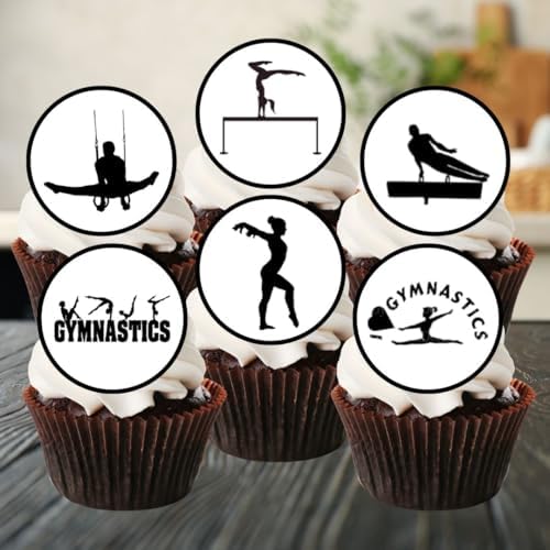 Gymnastics Edible Cupcake Toppers, Gymnastics Birthday Party Decorations for Cake Decorating, Gym Tumble Edible Cake Decorations, Gymnast Party Favours Cookie Toppers, 24 x 4cm / 1.5 inch discs UNCUT