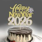 Happy New Year 2026 Cake Topper-Winter Xmas Holiday Cake Decor, Hello 2026 New Year's Eve/Christmas/Happy Holidays Party Decorations (Design 2-Gold Silver)
