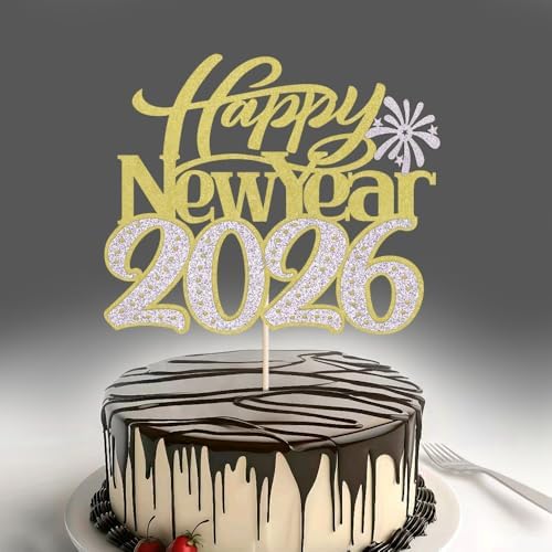 Happy New Year 2026 Cake Topper-Winter Xmas Holiday Cake Decor, Hello 2026 New Year's Eve/Christmas/Happy Holidays Party Decorations (Design 2-Gold Silver)