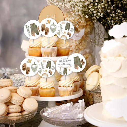 36pcs Boho Baby Clothes Cupcake Toppers for Boy Cupcake Toppers Clothes Shower Decorations Sage Green, a Sweet Baby Boy Is On The Way Decorations