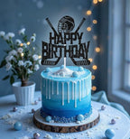 Hockey Happy Birthday Cake Topper, Ice Hockey Player Lover Fans Birthday Decorations, Winter Sports Birth Day Party Decoration Supplies, Sports Themed Party Decor Black Glitter