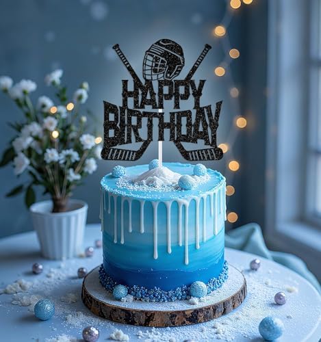 Hockey Happy Birthday Cake Topper, Ice Hockey Player Lover Fans Birthday Decorations, Winter Sports Birth Day Party Decoration Supplies, Sports Themed Party Decor Black Glitter