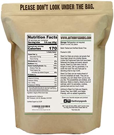 Anthony's Organic Steel Cut Oats, 3 lb, Gluten Free, Non GMO, Irish Oatmeal, Whole Grain