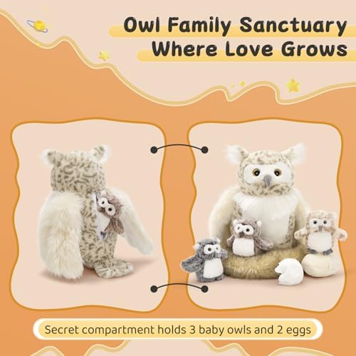 MorisMos 7 Pcs Owl Stuffed Animal with Babies Inside, 15 Inches Stuffed Owl Plush Toys Set with Little Baby Owls, Eggs, Nest, Gift for Kids Boys Girls Easter Birthday Christmas