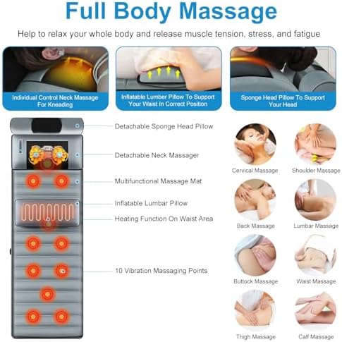 Full Body Electric Massage Mat with Heat, 10 Vibration Motors, 3 Timers, Vibration Massage Pad for Bed, Back Mattress Chair Pad with Neck Massager Lumbar Pillow