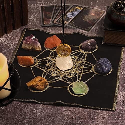 Amogeeli 7 Chakra Stone & Metatron’s Cube Sacred Geometry Energy Mat Crystal Grid Set for Beginner Divination Meditation Altar, Healing Stone Decoration for Energy Chakra Reiki Wicca